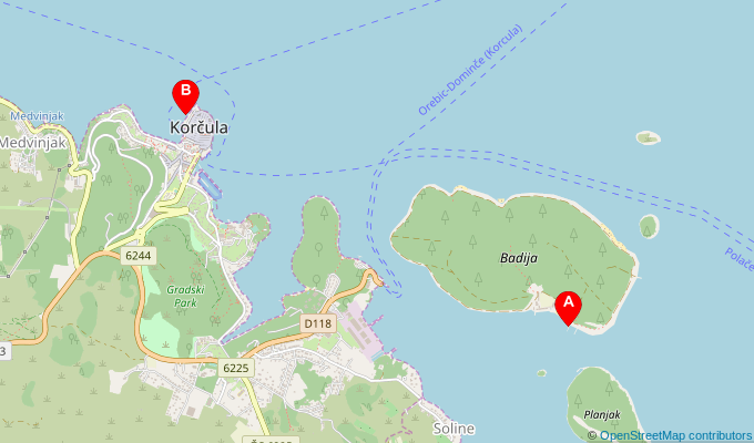 Map of ferry route between Badija and Korcula